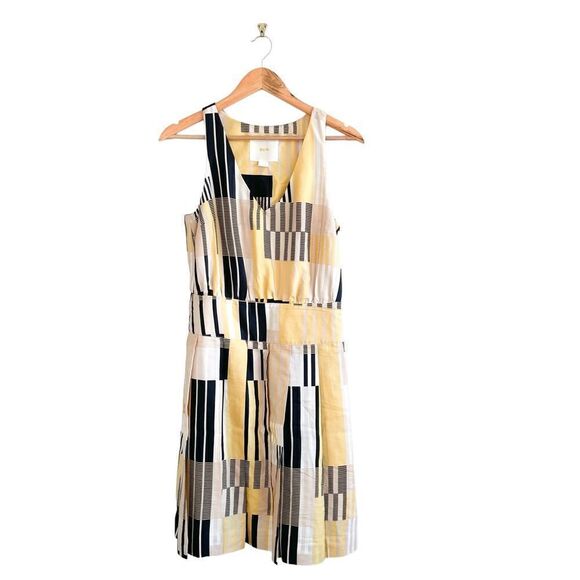 Maeve Anthropologie Otta Dress Yellow Black Stripe Women's 2 Silk Blend Side Zip - Picture 2 of 8